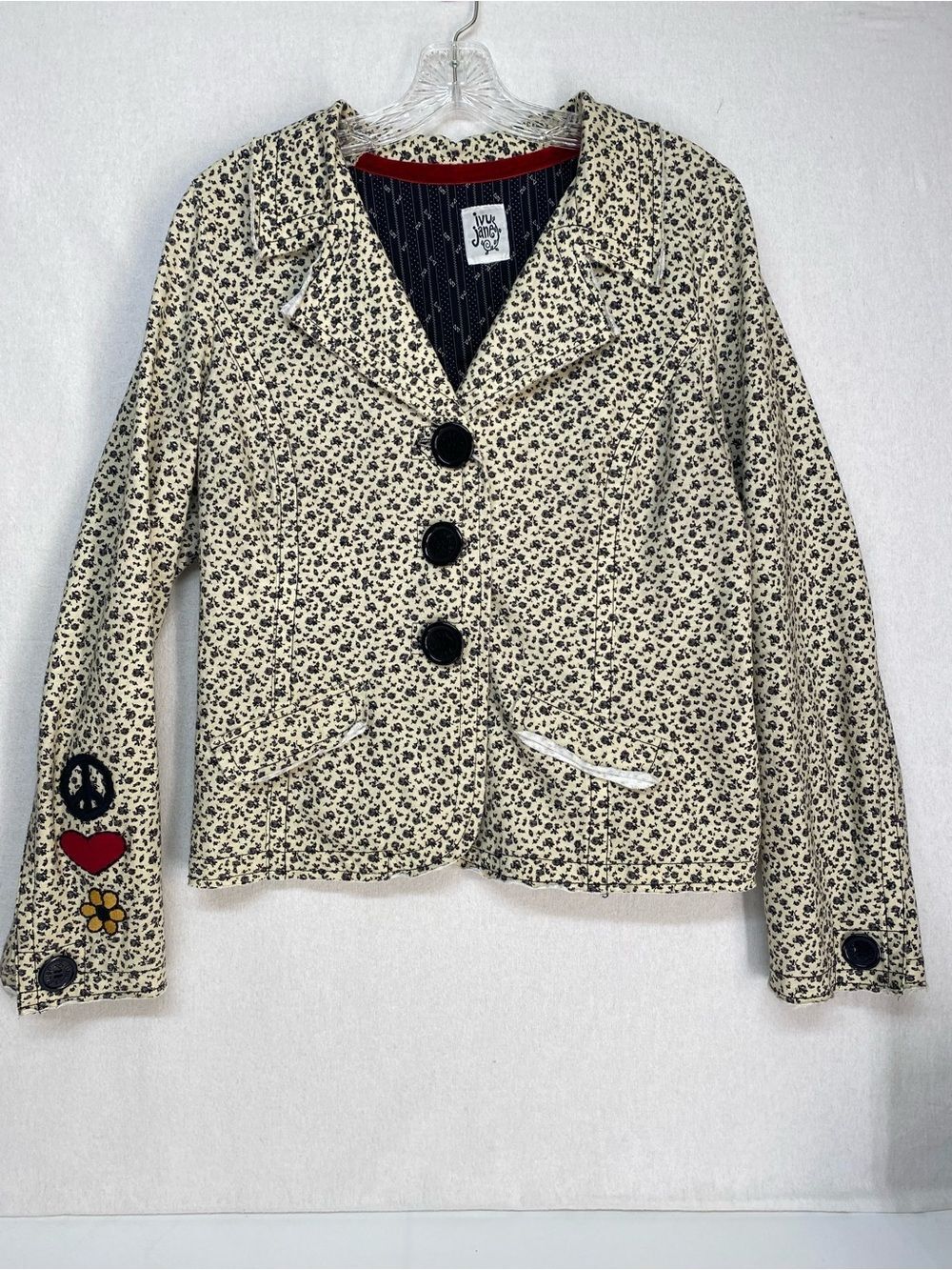 Ivy Jane Cream Blazer Tiny Black Floral Print Embroidered Peace Heart Flower